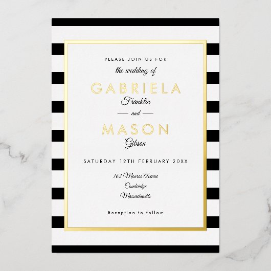 Elegant Black and White Stripe Weddenschap Gold Folie Uitnodiging (Voorkant)