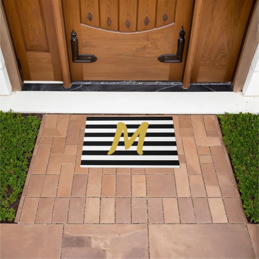 Elegant Black and White Stripes Gold Monogram Deurmat (Buiten)