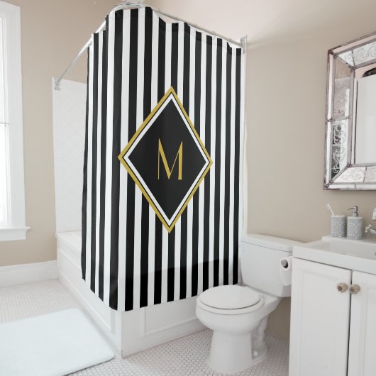 Elegant Black and White Stripes Gold Monogram Douchegordijn (In situ)