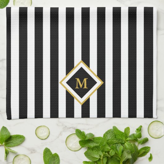 Elegant Black and White Stripes Gold Monogram Theedoek (Gevouwen)