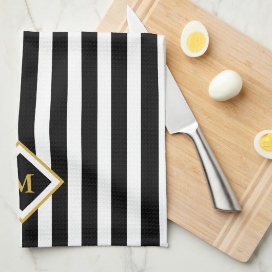 Elegant Black and White Stripes Gold Monogram Theedoek (Quarter Fold)