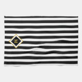 Elegant Black and White Stripes Gold Monogram Theedoek (Horizontaal)