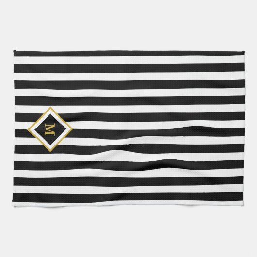 Elegant Black and White Stripes Gold Monogram Theedoek (Horizontaal)