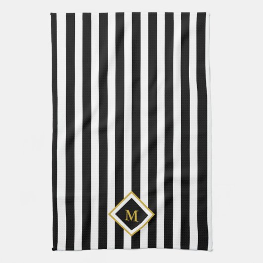 Elegant Black and White Stripes Gold Monogram Theedoek (Verticaal)