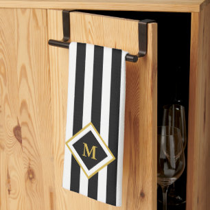 Elegant Black and White Stripes Gold Monogram Theedoek