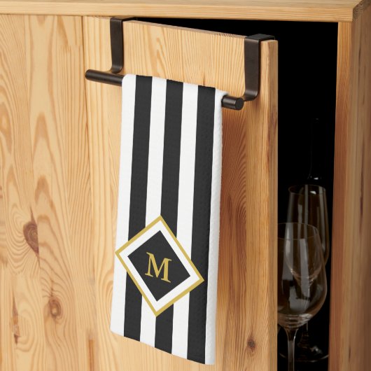 Elegant Black and White Stripes Gold Monogram Theedoek (Derde Gevouwen)