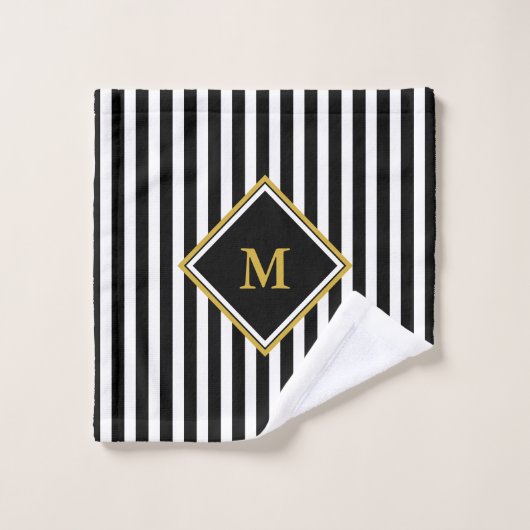 Elegant Black and White Stripes Gold Monogram Washandje (Wasdoekje)