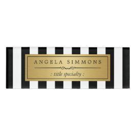 Elegant Black and White Stripes Gold Name Label Naambadge