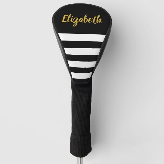 Elegant Black and White Stripes Gold Script Name Golfheadcover (Voorkant)