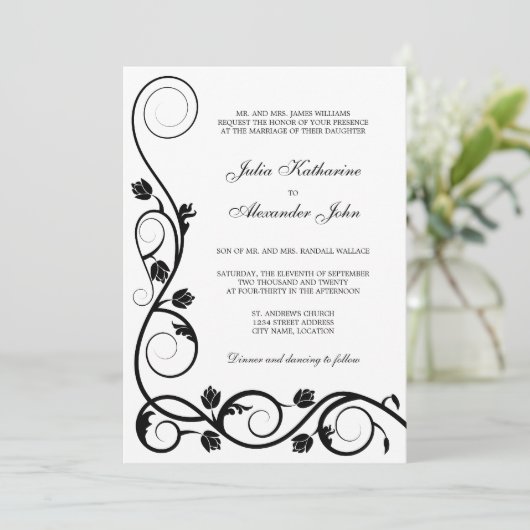 Elegant Black and White Swirls Invitation Kaart (Staand voorkant)