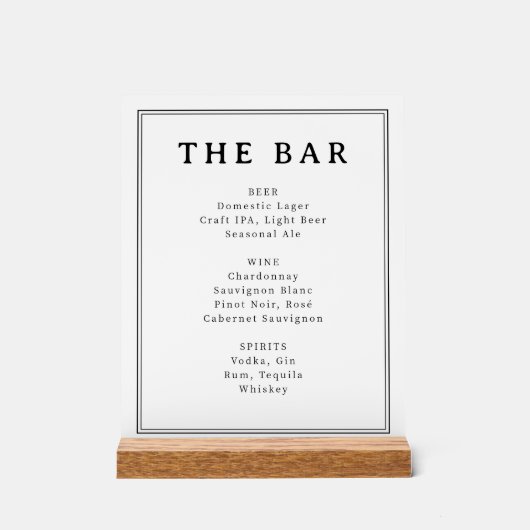 Elegant Black and White Typographic Bar Menu Acryl Bord (Voorkant)