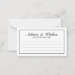 Elegant Black and White Wedding Advice and Wishes Advieskaart<br><div class="desc">Prachtige Elegant Black and White Wedding Advice en Wishes Kaart met uw informatie in zwarte elegante lettertypestijl met zwarte rechthoekrand. Klik op de knop Aanpassen om het ontwerp aan te passen.</div>