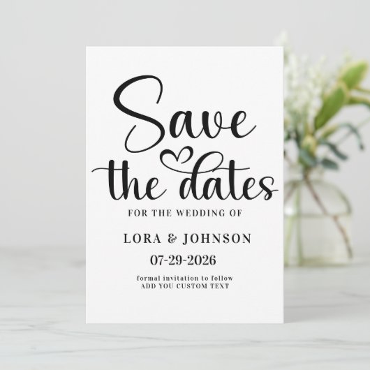 Elegant black and white wedding Calligraphy Save The Date (Staand voorkant)