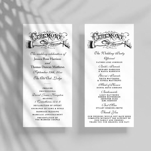 Elegant Black and White Wedding Ceremony Programma Programmakaart