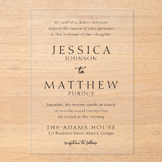 Elegant Black and White Wedding Invitation Acryl Uitnodigingen (Voorkant)