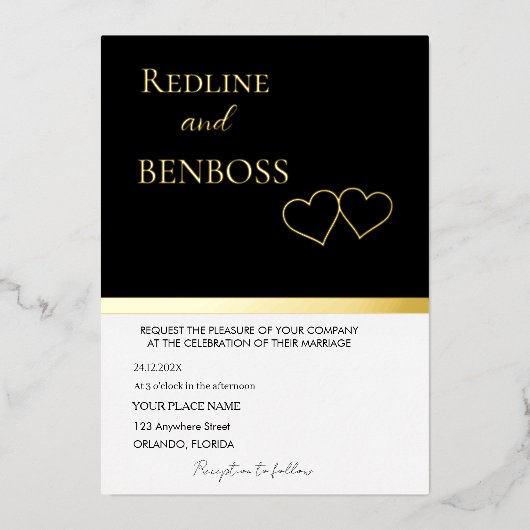 Elegant Black and white Wedding Invitation Gold Folie Uitnodiging (Voorkant)