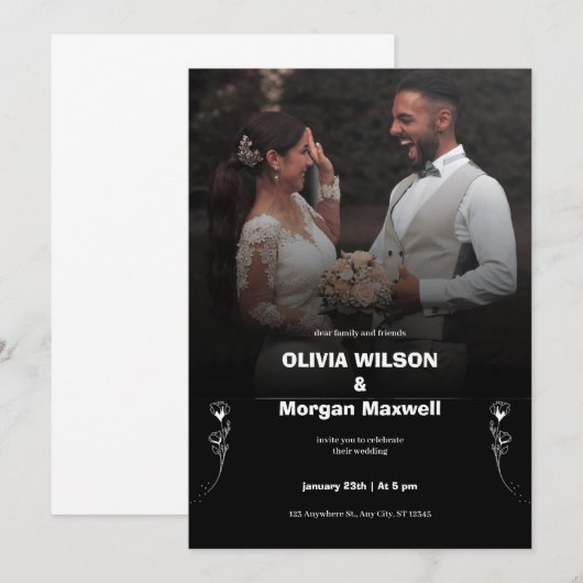 Elegant Black and White Wedding Invitation Kaart (Voorkant / Achterkant)