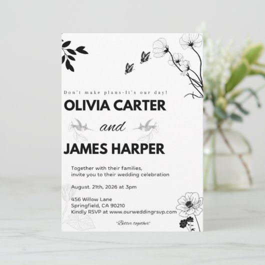 Elegant Black and White Wedding Invitation Kaart (Staand voorkant)
