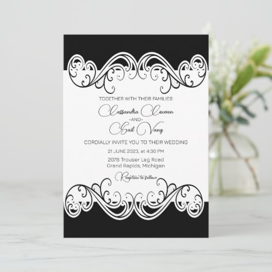 Elegant Black and White Wedding Invitation Kaart (Staand voorkant)