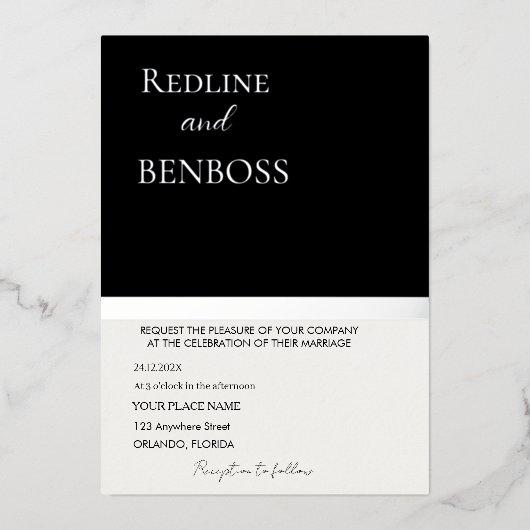 Elegant Black and white Wedding Invitation Silver Folie Uitnodiging (Voorkant)