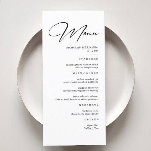 Elegant Black and White Wedding Menu