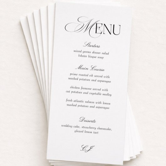 Elegant Black and White Wedding Menu Card Kaart