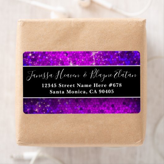 Elegant Black and White Wedding Paarse Glitter Etiket (Insitu)