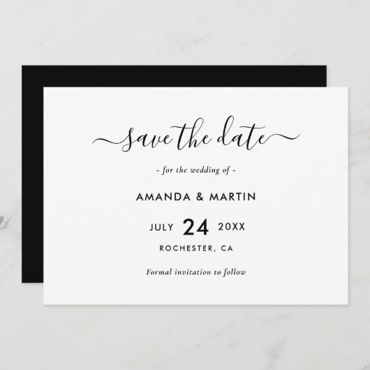 Elegant Black and White Wedding Save The Date (Voorkant / Achterkant)