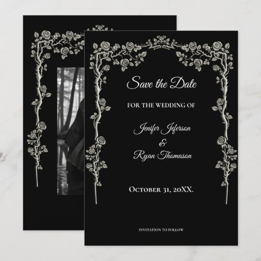 Elegant black and white wedding save the date aankondiging (Voorkant / Achterkant)