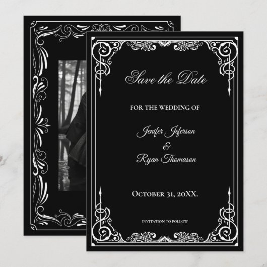 Elegant black and white wedding save the date aankondiging (Voorkant / Achterkant)
