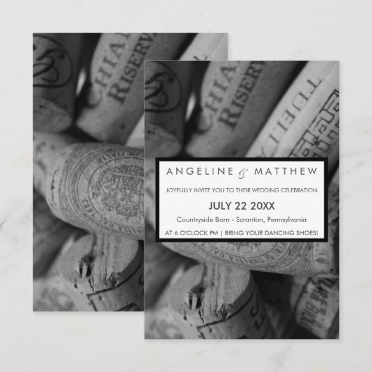 Elegant Black and White Wine Cork Weddencard Kaart (Voorkant / Achterkant)