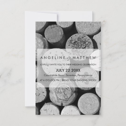 Elegant Black and White Wine Cork Weddencard Kaart (Voorkant)