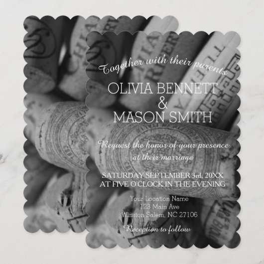 Elegant Black and White Wine Cork Weddencard Kaart (Voorkant / Achterkant)