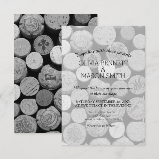 Elegant Black and White Wine Cork Weddencard Kaart (Voorkant / Achterkant)