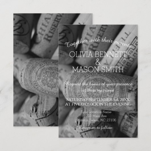 Elegant Black and White Wine Cork Weddencard Kaart (Voorkant / Achterkant)