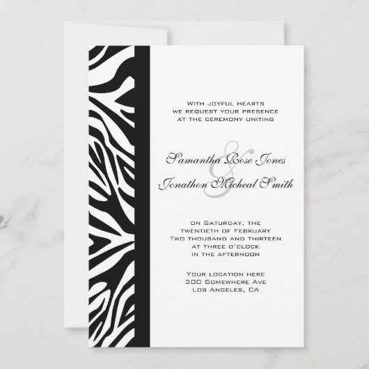 Elegant Black and White Zebra Custom Wedding Kaart (Voorkant)