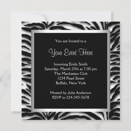 Elegant Black and White Zebra Party Kaart (Achterkant)