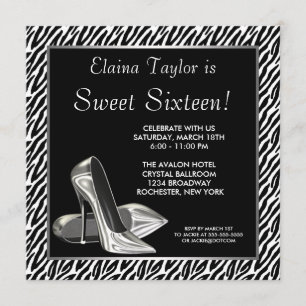 Elegant Black and White Zebra Sweet 16 Party Kaart