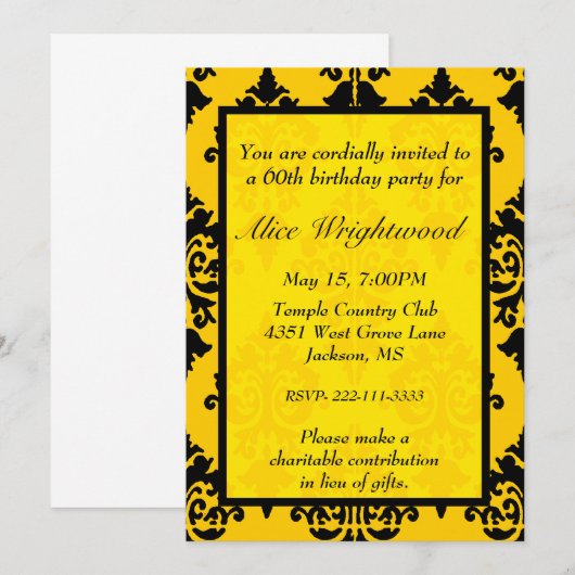 Elegant Black and Yellow Birthday Invitation Kaart (Voorkant / Achterkant)