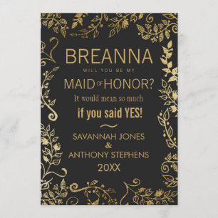 Elegant Black and Yellow Gold Floral Maid of Honor Kaart