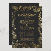 Elegant Black and Yellow Gold Floral Verloving Kaart (Voorkant / Achterkant)