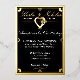 Elegant Black Art Deco Heart Wedding Folie Uitnodiging