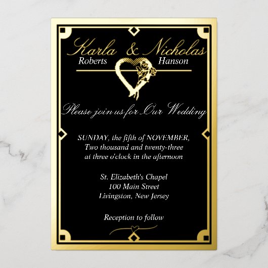 Elegant Black Art Deco Heart Wedding Folie Uitnodiging (Voorkant)
