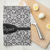 Elegant Black Baroque Damask Monogram Theedoek (Quarter Fold)