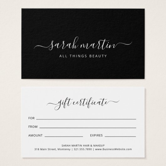 Elegant Black Beauty Salon Gift Certificate Visitekaartje (Voorkant /achterkant)