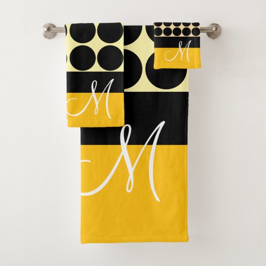 Elegant black beige & yellow dots monogram name bad handdoek (Insitu)