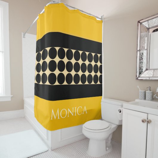 Elegant black  beige &  yellow dots monogram name douchegordijn (In situ)