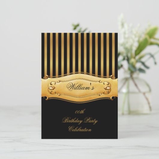 Elegant Black Birthday Party Mannen Gold Stripe Ma Kaart (Staand voorkant)