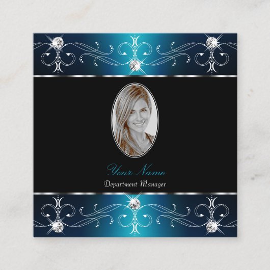 Elegant Black Blauwgroen Blue  Ornamenten Foto toe Vierkante Visitekaartje (Voorkant)