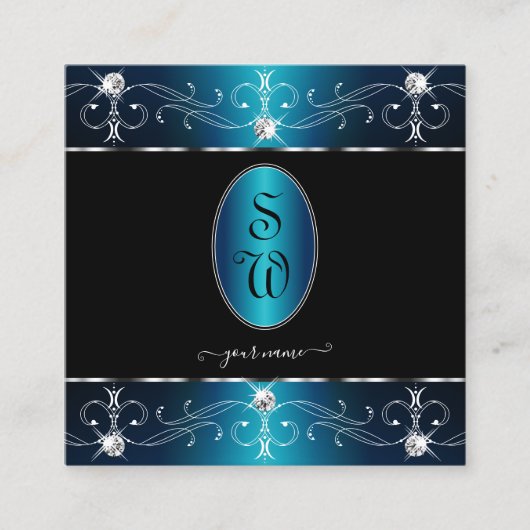 Elegant Black Blauwgroen Blue  Ornamenten Initiale Vierkante Visitekaartje (Voorkant)